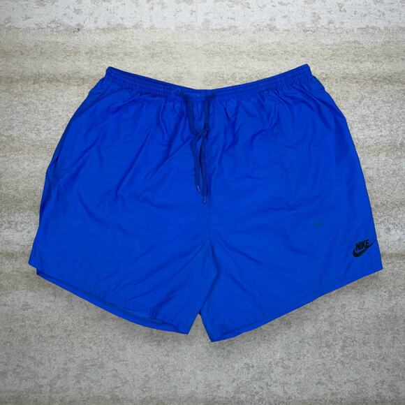 Vintage Nike Swim Shorts Royal Blue Nylon Black Swoosh Grey Tag 6" Inseam 90s